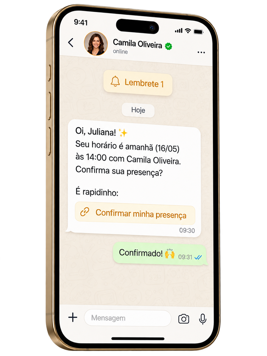 Conversa de WhatsApp mostrando lembrete automático de horário com opção de confirmar presença