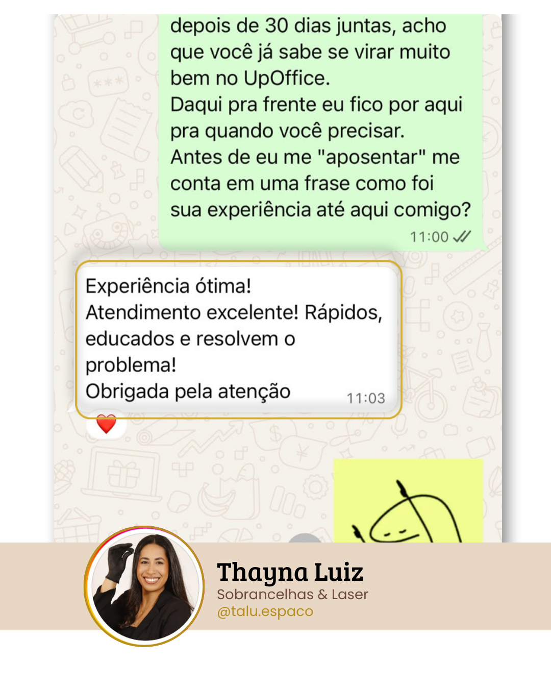 Print de conversa no WhatsApp com uma cliente falando do UpOffice