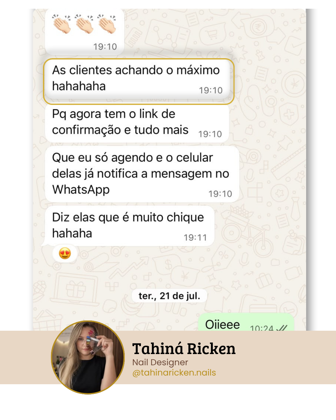 Print de conversa no WhatsApp com uma cliente falando do UpOffice