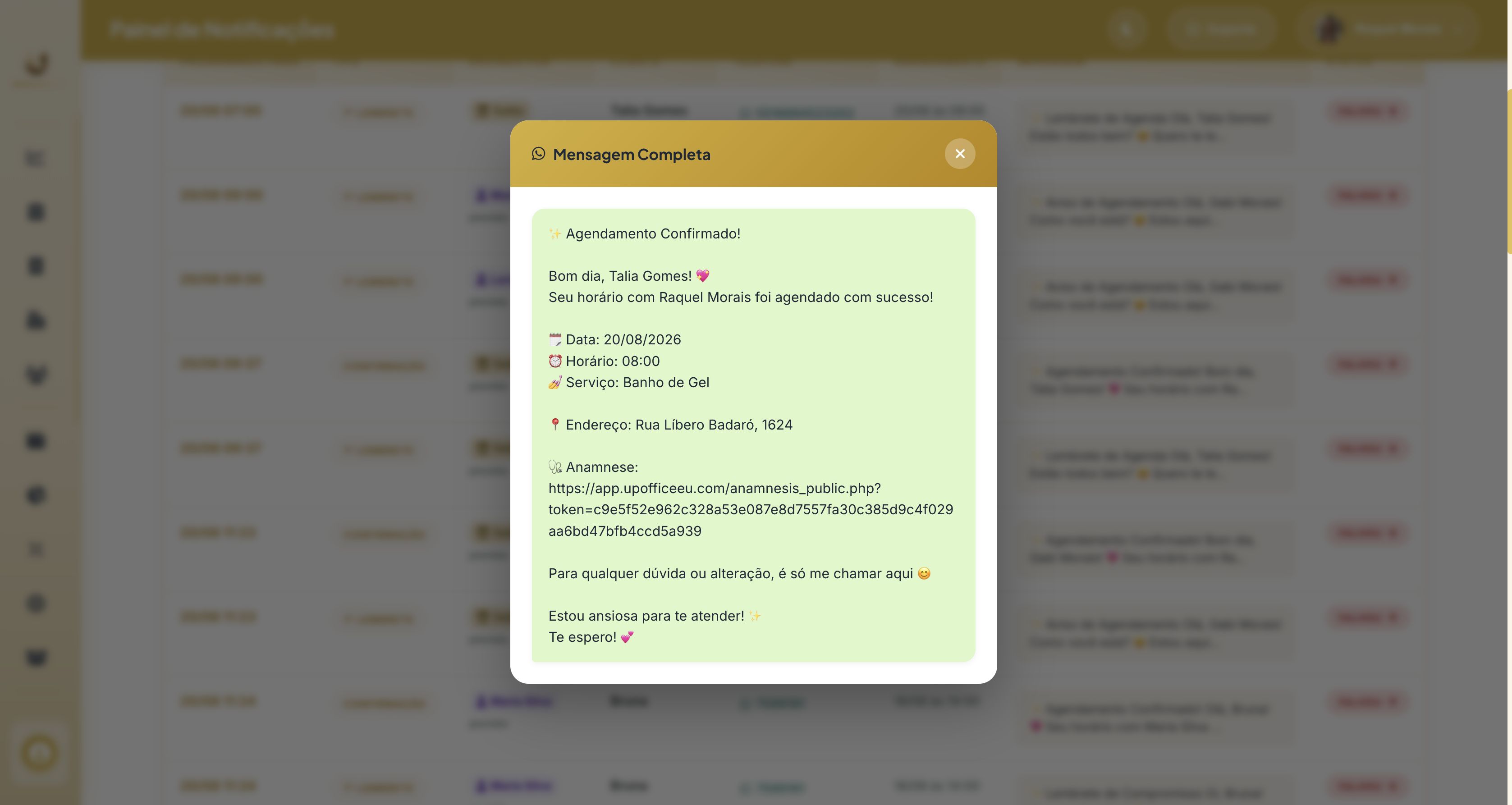 Lembrete no WhatsApp com os botões de confirmar ou avisar que não pode ir
